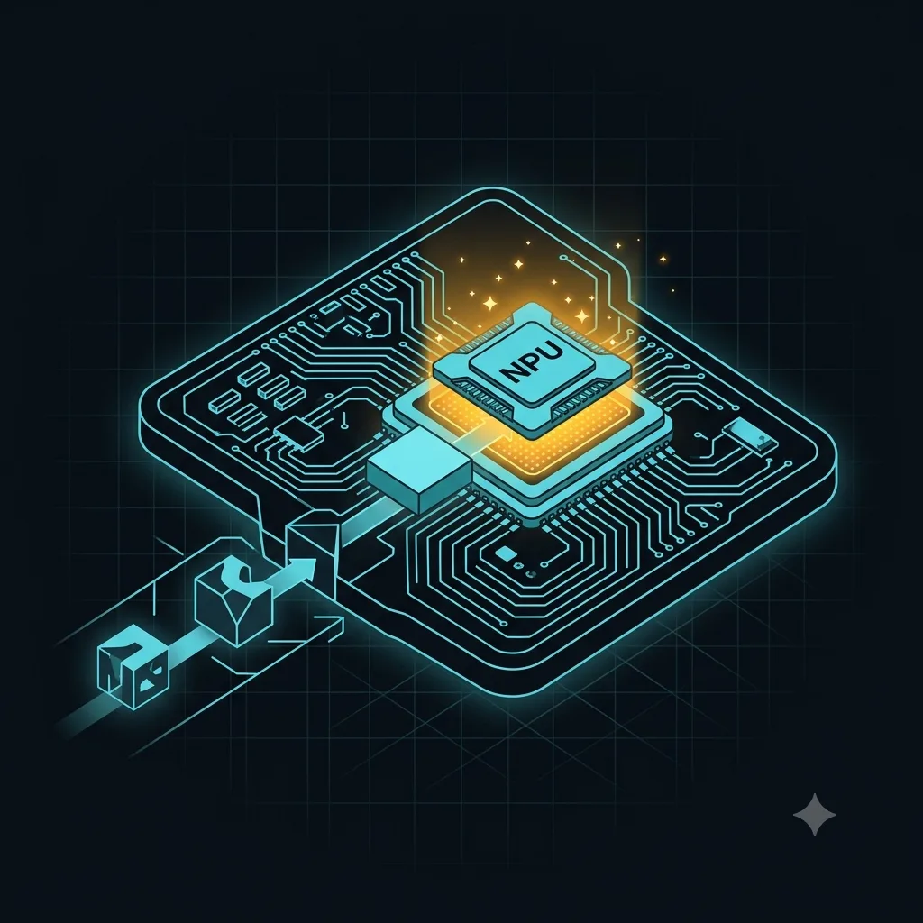 Isometric on-device NPU on a circuit board with an amber inference glow, model blocks feeding in