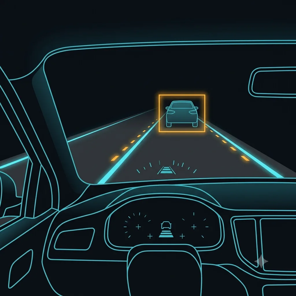Forward road view through a windshield — an amber bounding box on the lead vehicle, cyan lane markers and dashboard