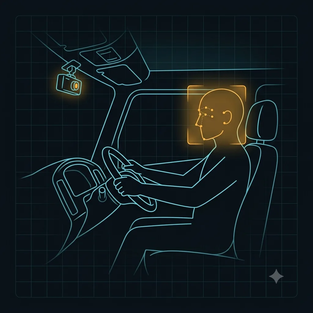 Cab interior from a dash camera — an amber detection box on the driver’s head, cabin and steering wheel in cyan line-work