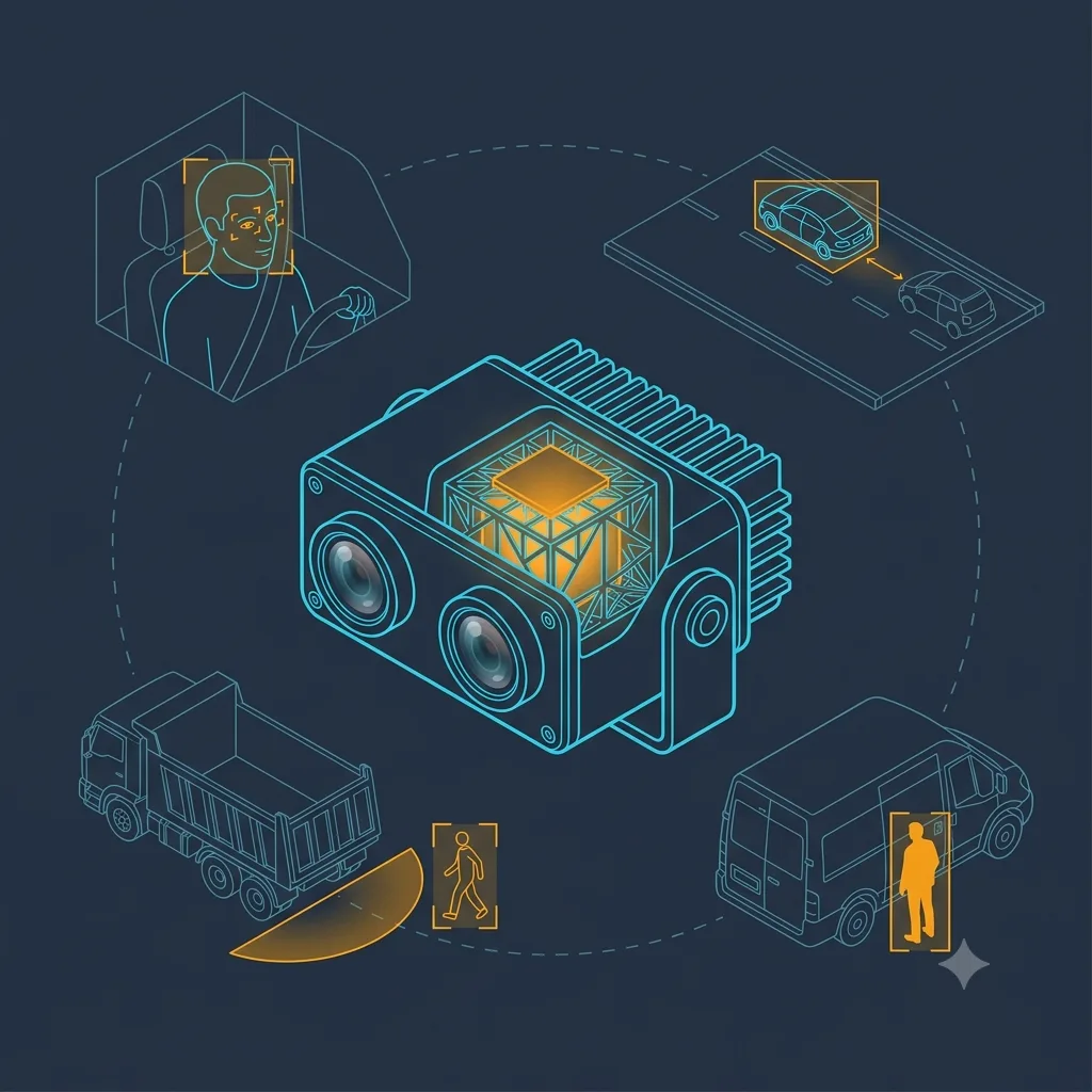 A central in-vehicle AI camera box with an amber NPU core, ringed by four cyan vignettes — driver monitoring, forward-road assistance, a reversing worksite vehicle, and a parked-van cargo door
