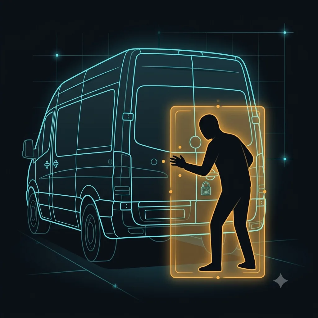 Rear of a parked van — an amber-framed silhouette detected at the open cargo door