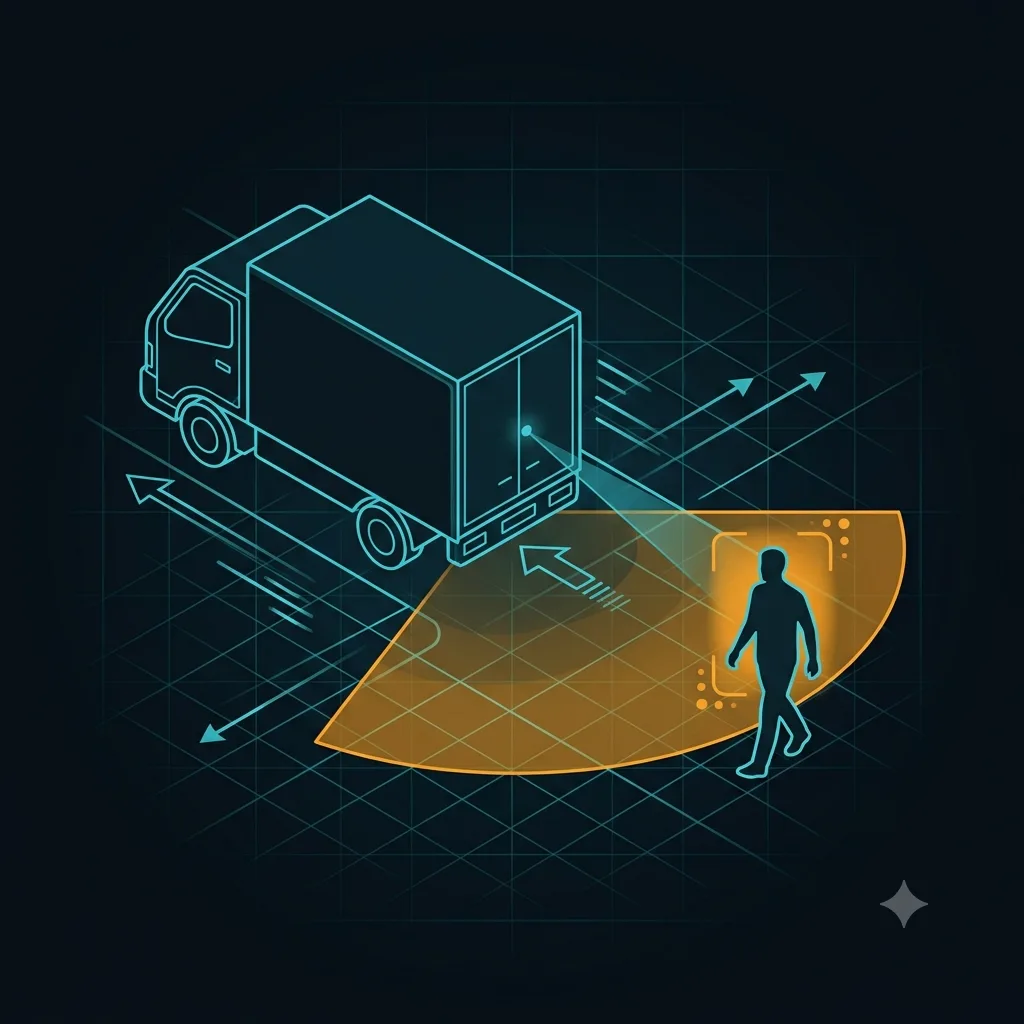 Box truck reversing with an amber danger-zone arc on the ground and a detected pedestrian entering it