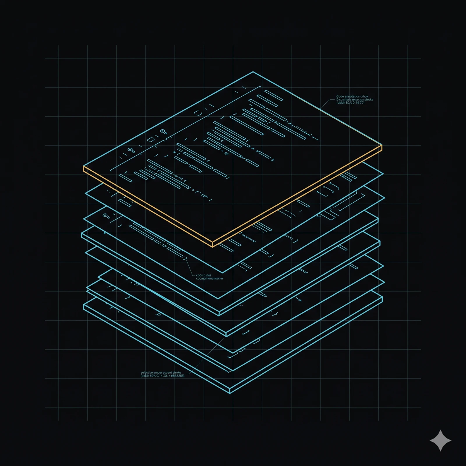 Stack of papers with code annotations on each visible edge — amber on the topmost page