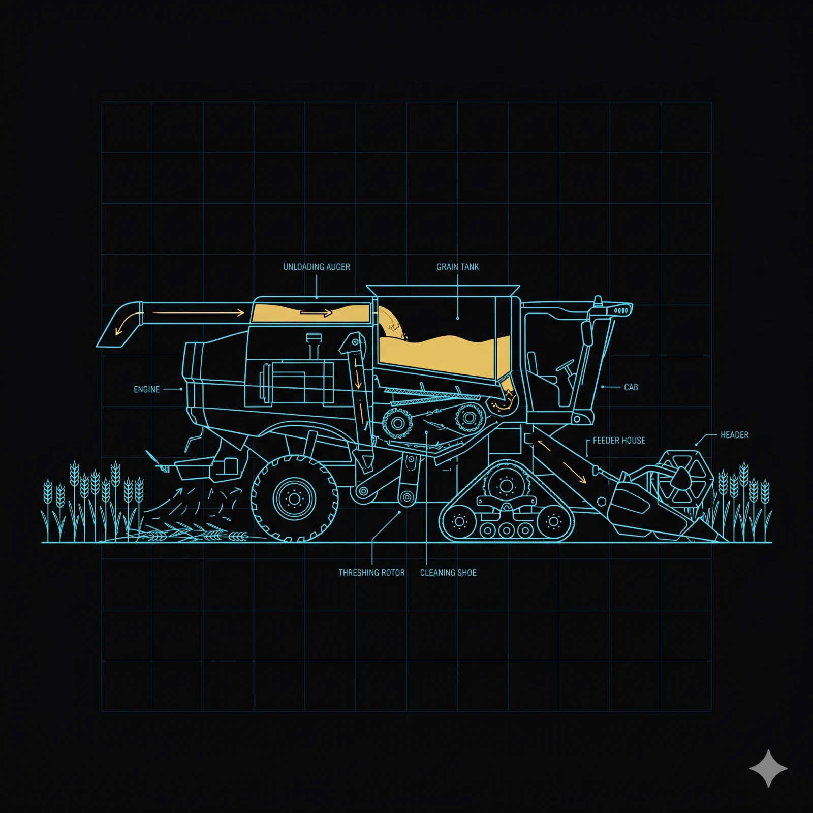 Agricultural combine harvester with amber grain-tank indicator — ISOBUS on MOS4, blueprint