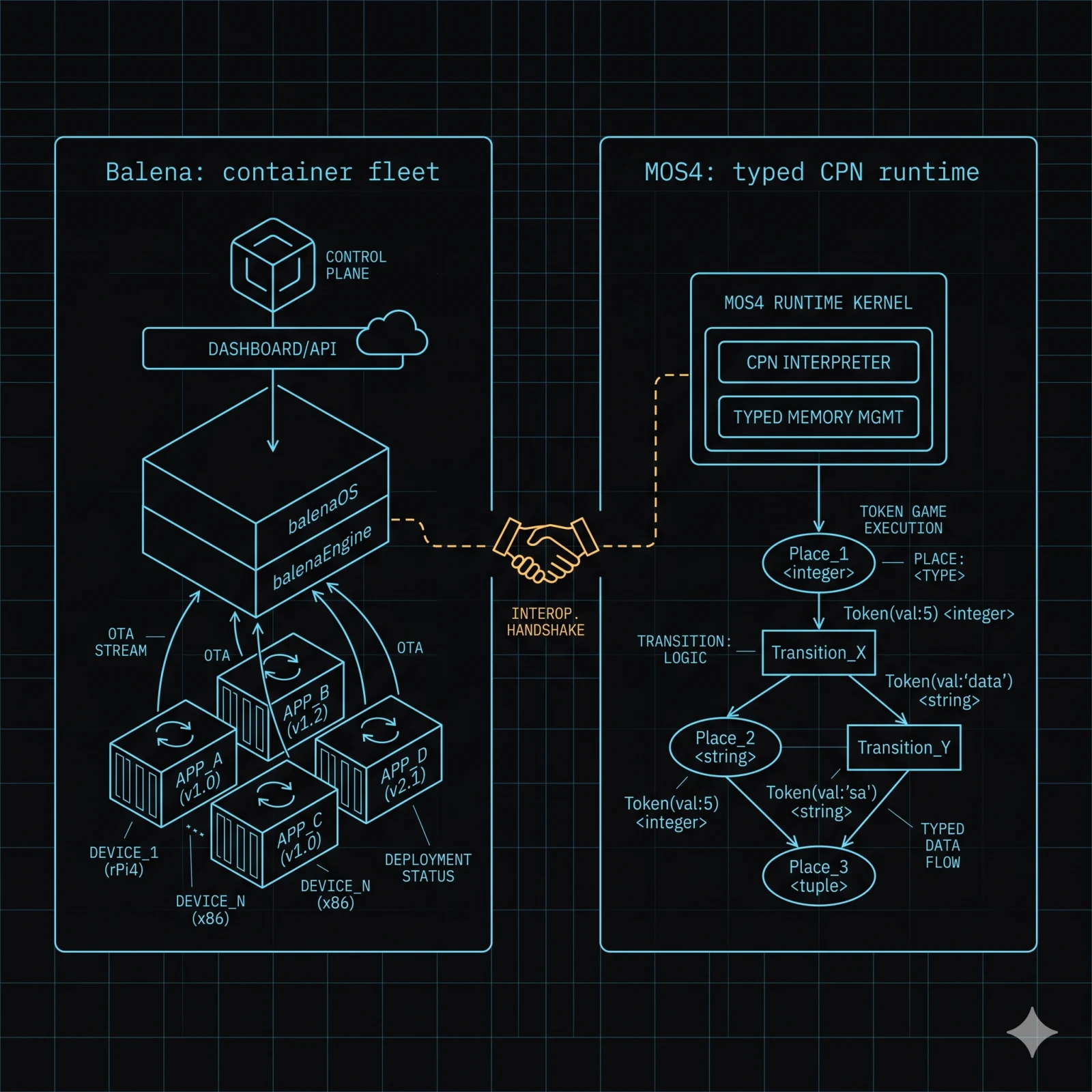 Balena container fleet on the left, MOS4 typed micro service runtime on the right, joined by a dashed handshake — amber on the handshake