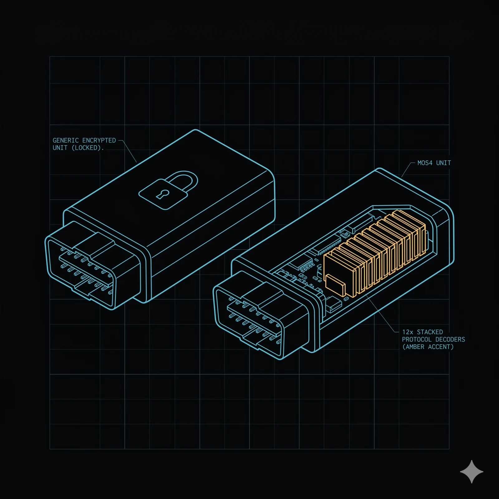 Black-box telematics dongle with a locked padlock vs an open MOS4 dongle revealing 12 stacked protocol decoders inside — amber on the protocol stack