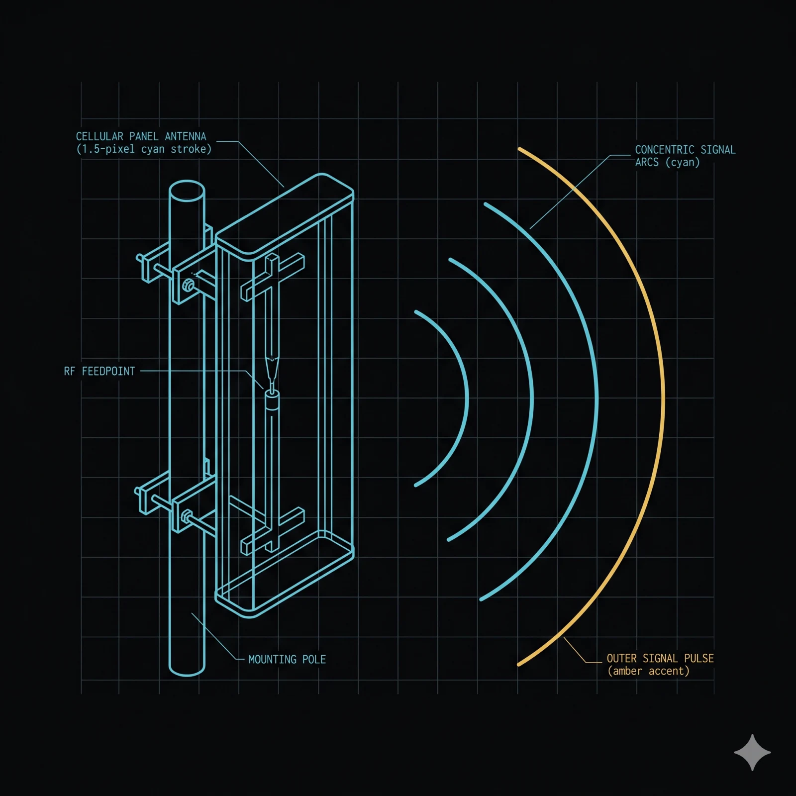 Cellular antenna with three concentric signal arcs — amber pulse on the outer arc