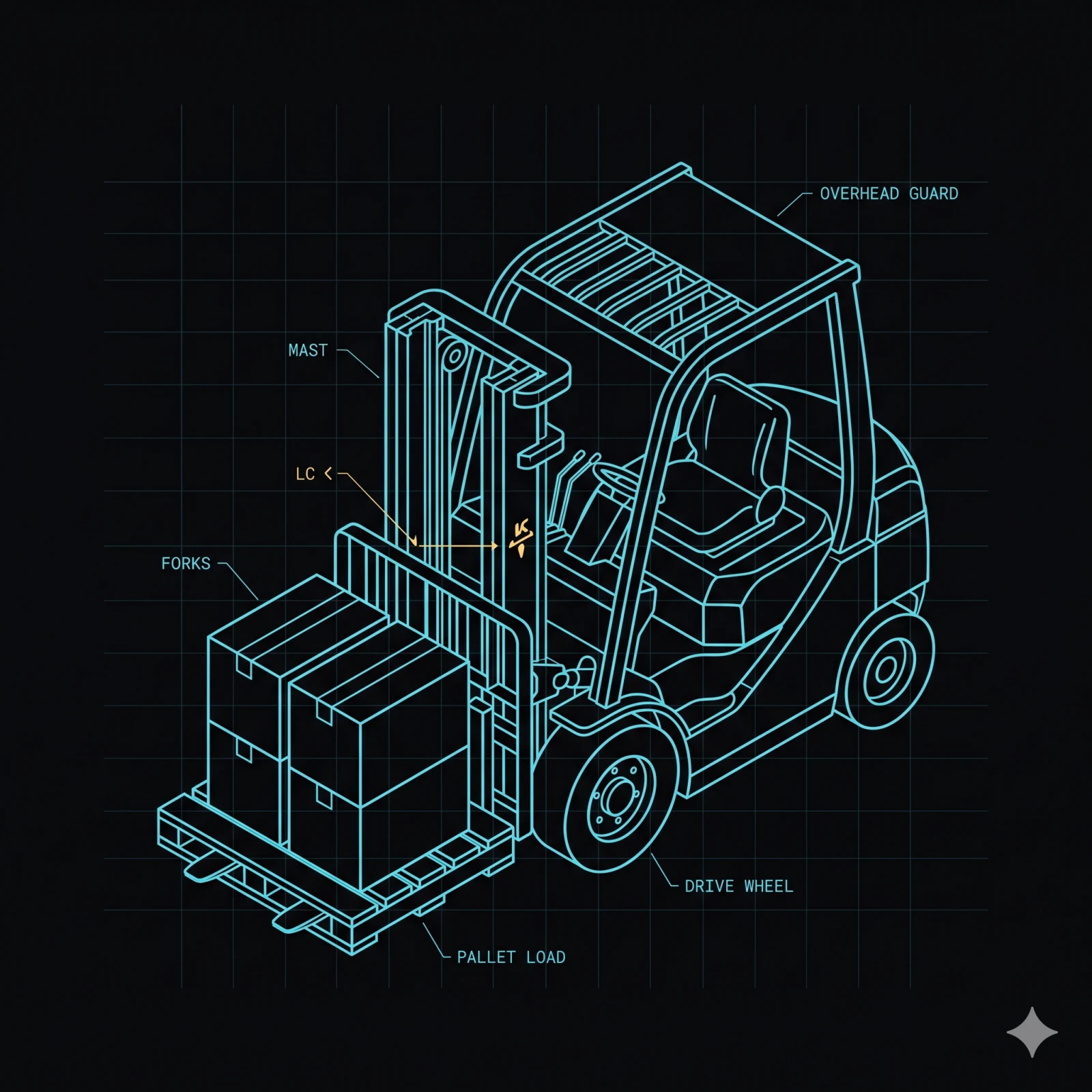 Forklift with amber-highlighted pallet load — airport ground-handling vehicle, blueprint