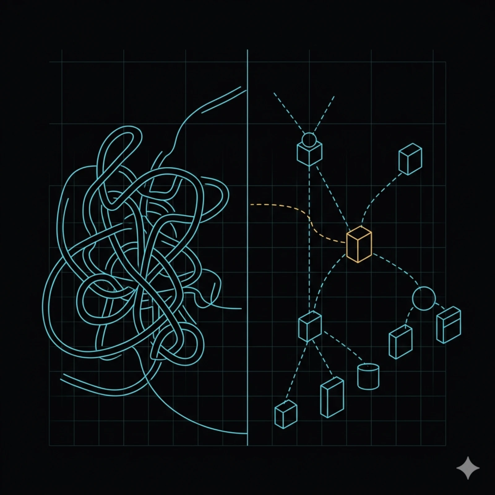 Bespoke glue scripts on Linux versus a clean typed micro service tree connected by service call — amber accent on the central node