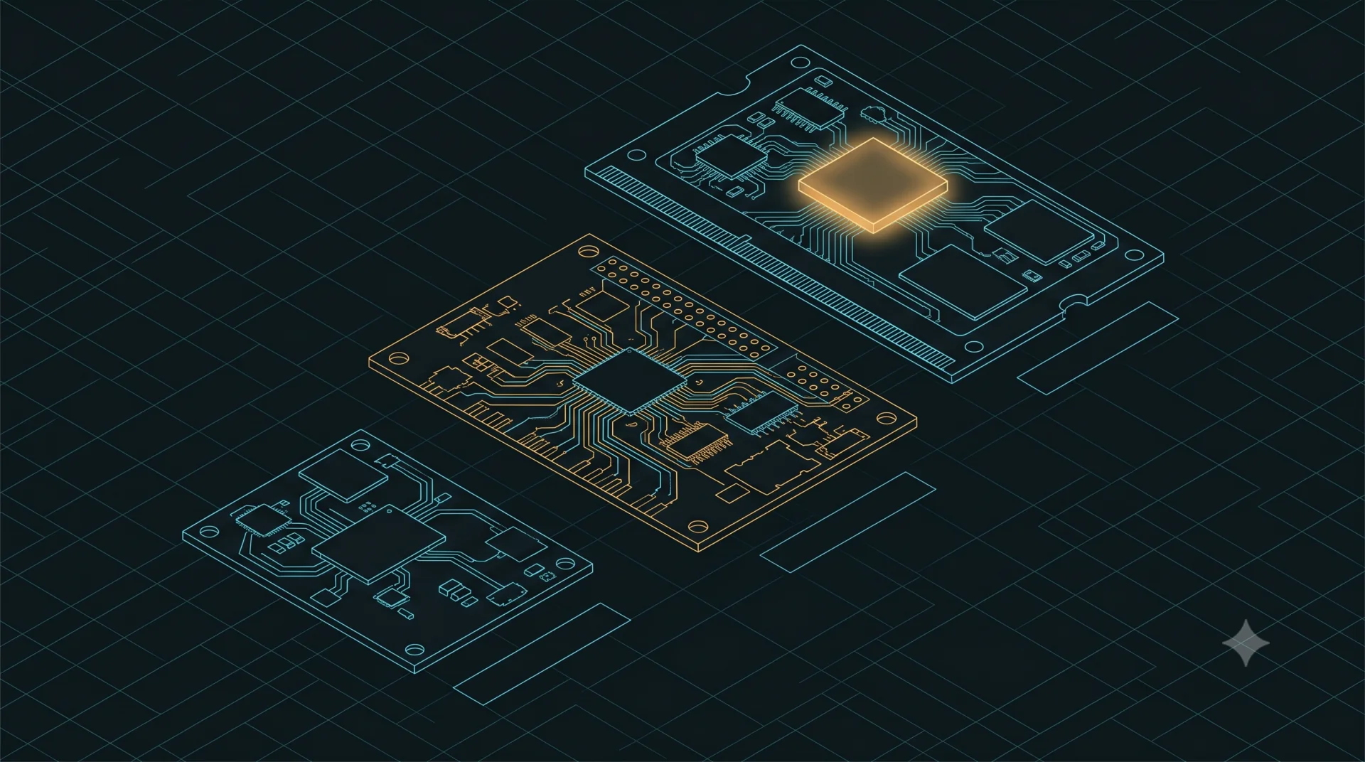 Three MOS4 hardware tiers ascending diagonally on a dark blueprint backdrop — modem-class board at the base with cyan traces, compute-class in the middle with cyan and amber traces, AI-class SoM on top with an amber NPU