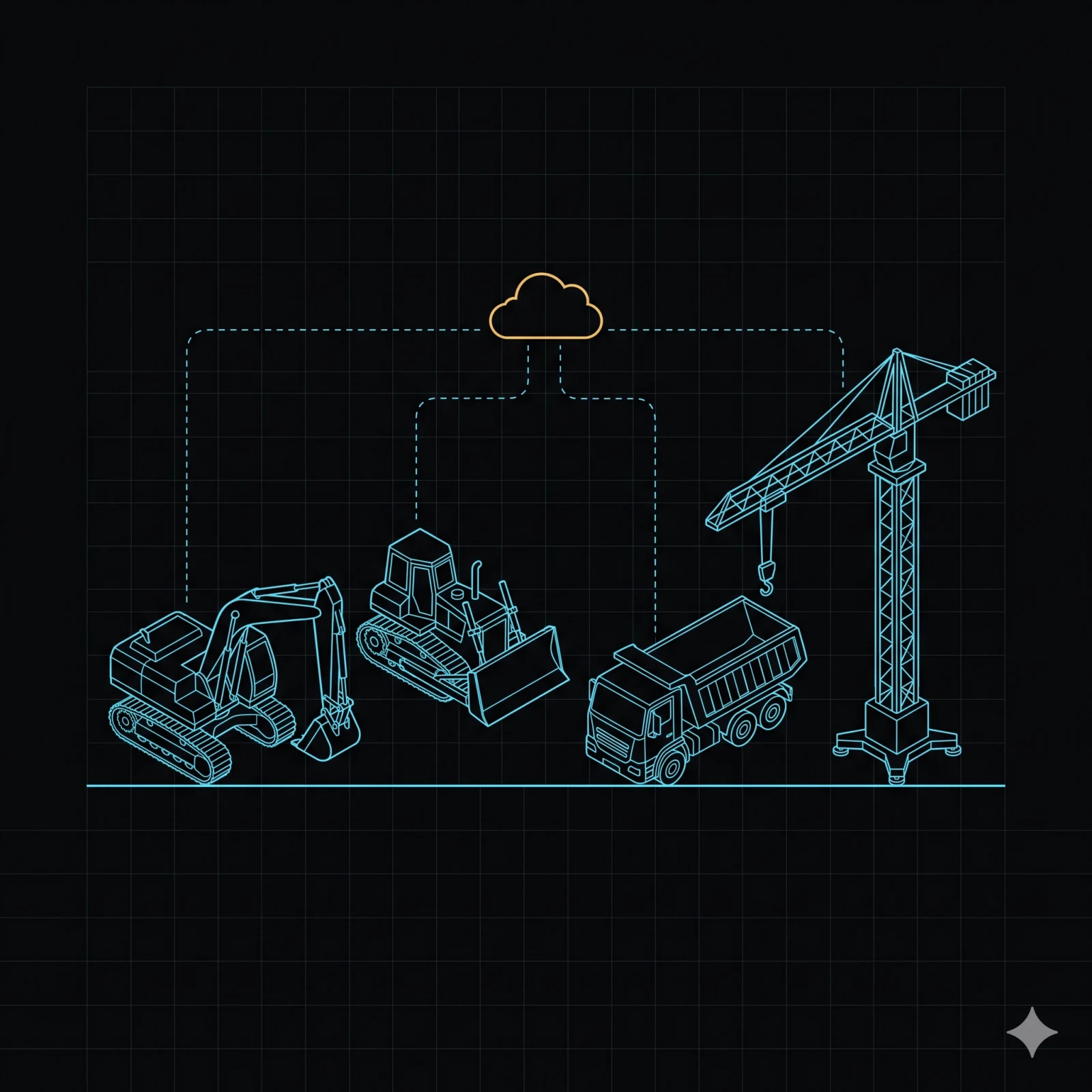 Construction-site composite — excavator, dozer, dump truck, and crane connected by dashed datalines to a small cloud silhouette, amber on the cloud