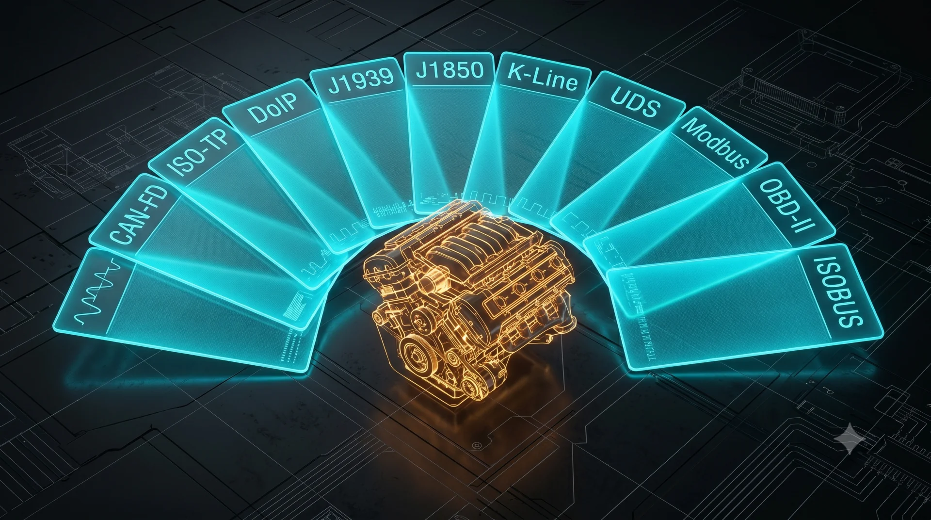 Fan of glowing cyan protocol cards (CAN-FD, ISO-TP, DoIP, J1939, J1850, K-Line, UDS, Modbus, OBD-II, ISOBUS) converging on an amber-glowing engine block at the centre, on a dark blueprint backdrop