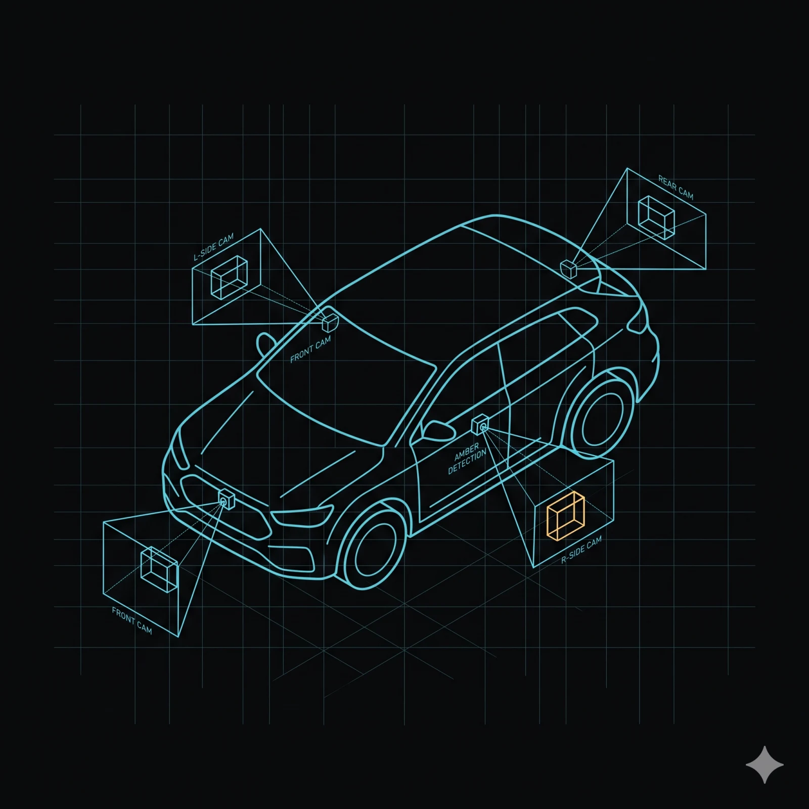 Multi-camera vehicle schematic from above with bounding-box overlays on each camera — amber accent on a single bbox