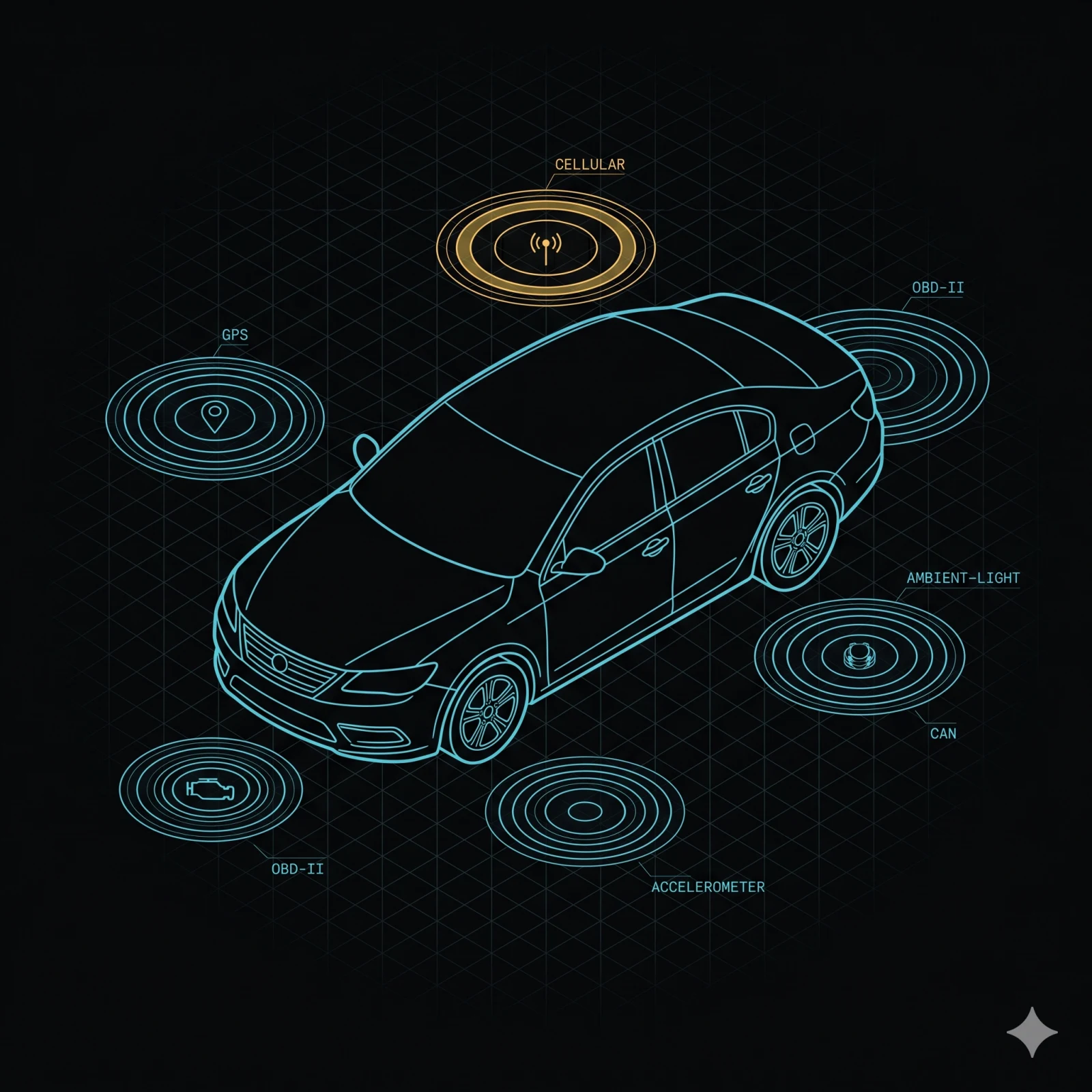 Connected sedan side-profile with six sensor halos: GPS, cellular, OBD-II, CAN, accelerometer, ambient-light — amber on cellular