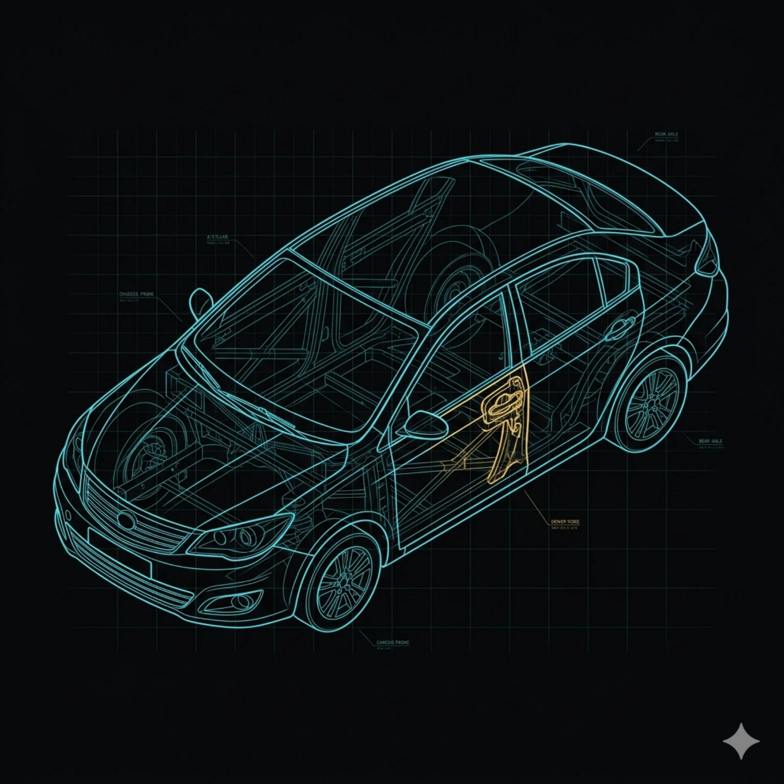 Cutaway passenger car with MOS4 telemetry and AI layer annotations — blueprint wireframe