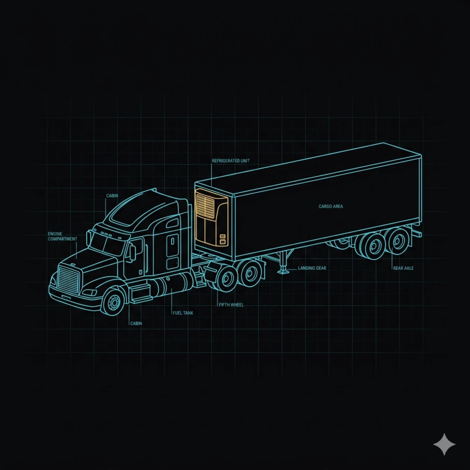 Semi-truck with trailer — unifying on-road and off-road fleet on one OS, blueprint