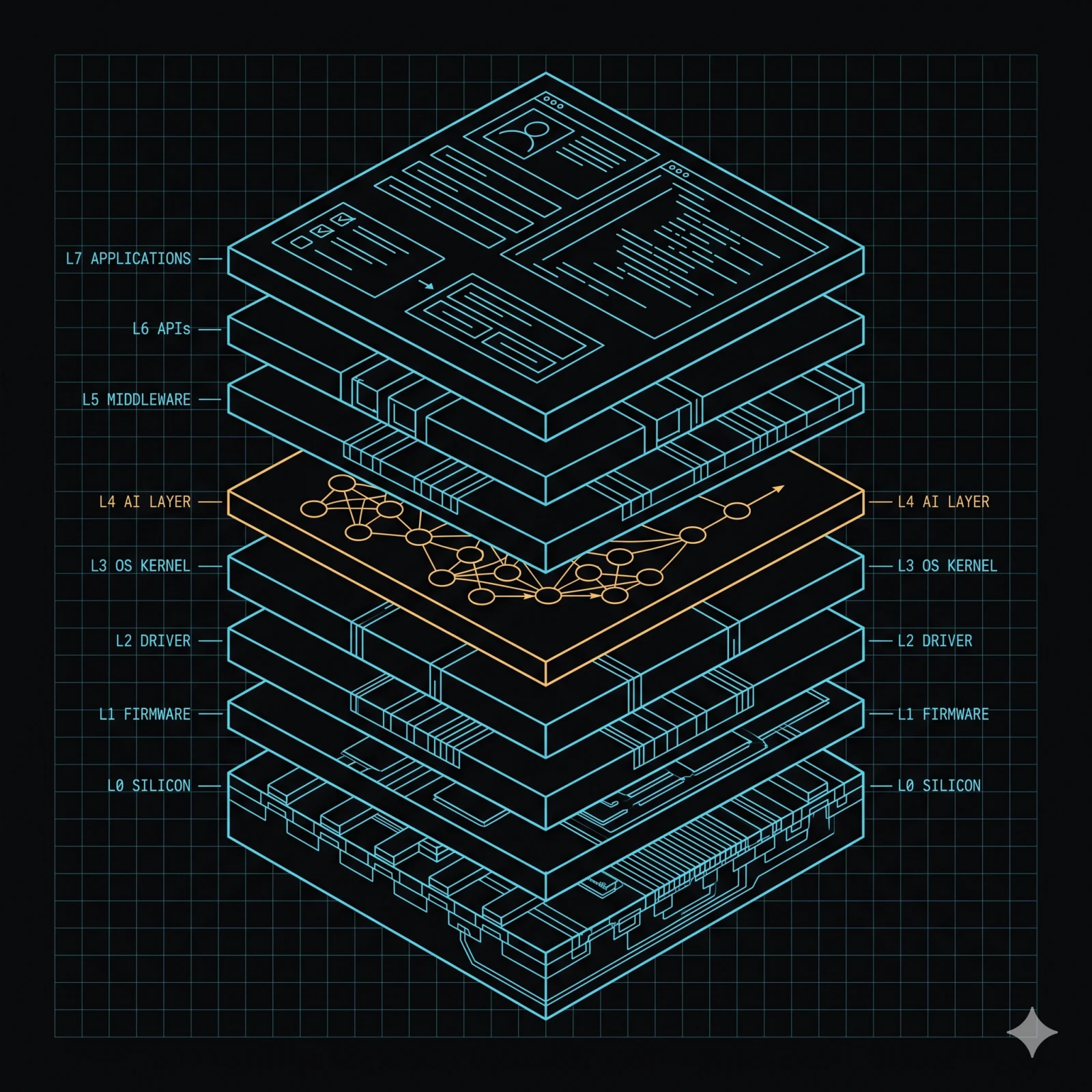Eight-layer MOS4 platform stack cross-section, three-quarter view, amber accent on the L4 AI layer