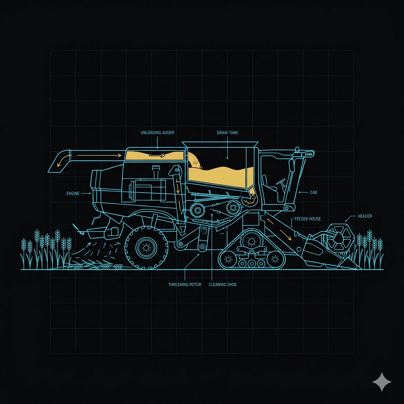 Agricultural combine harvester with amber grain-tank indicator — ISOBUS on MOS4