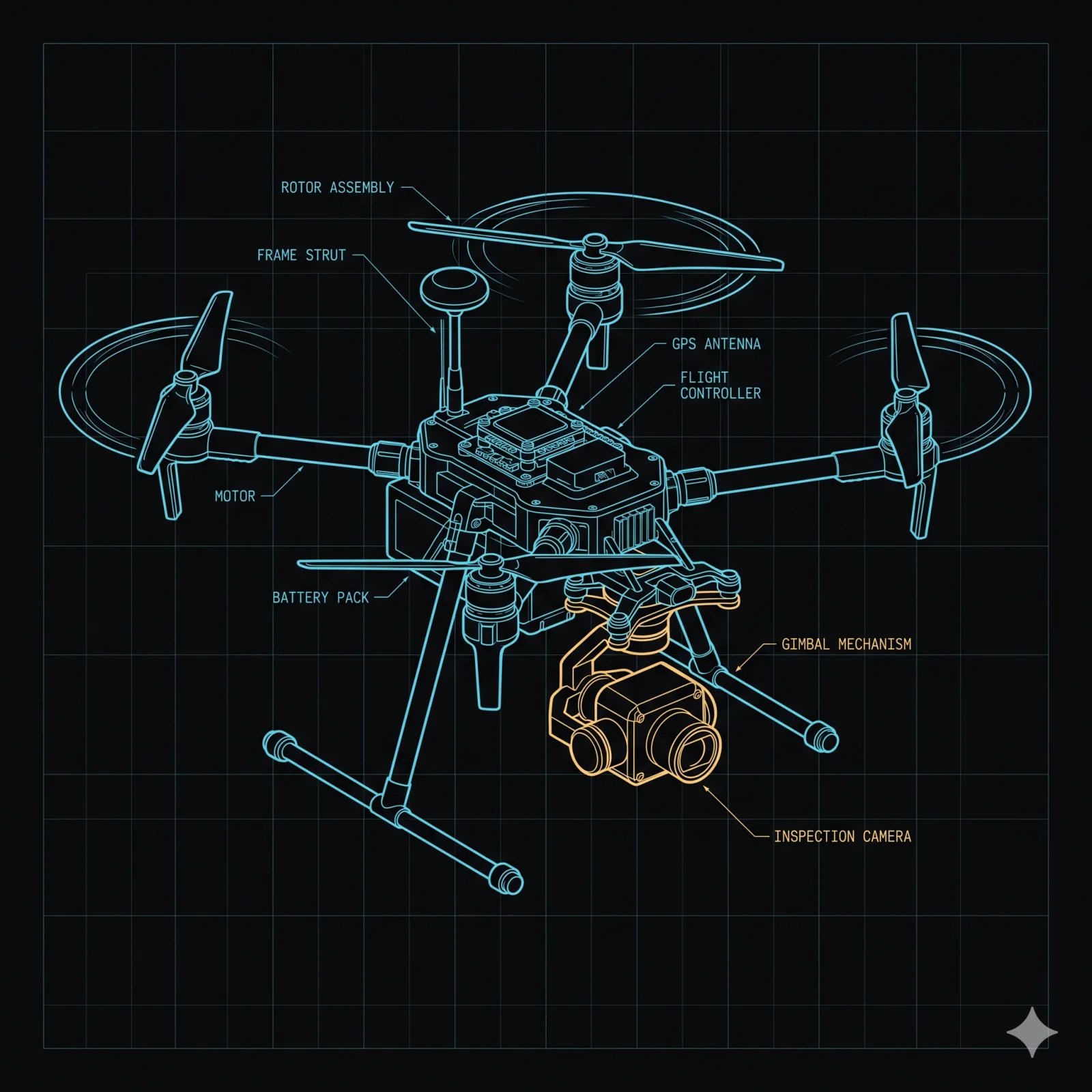 Quadcopter with amber-accented camera gimbal, aerial telemetry