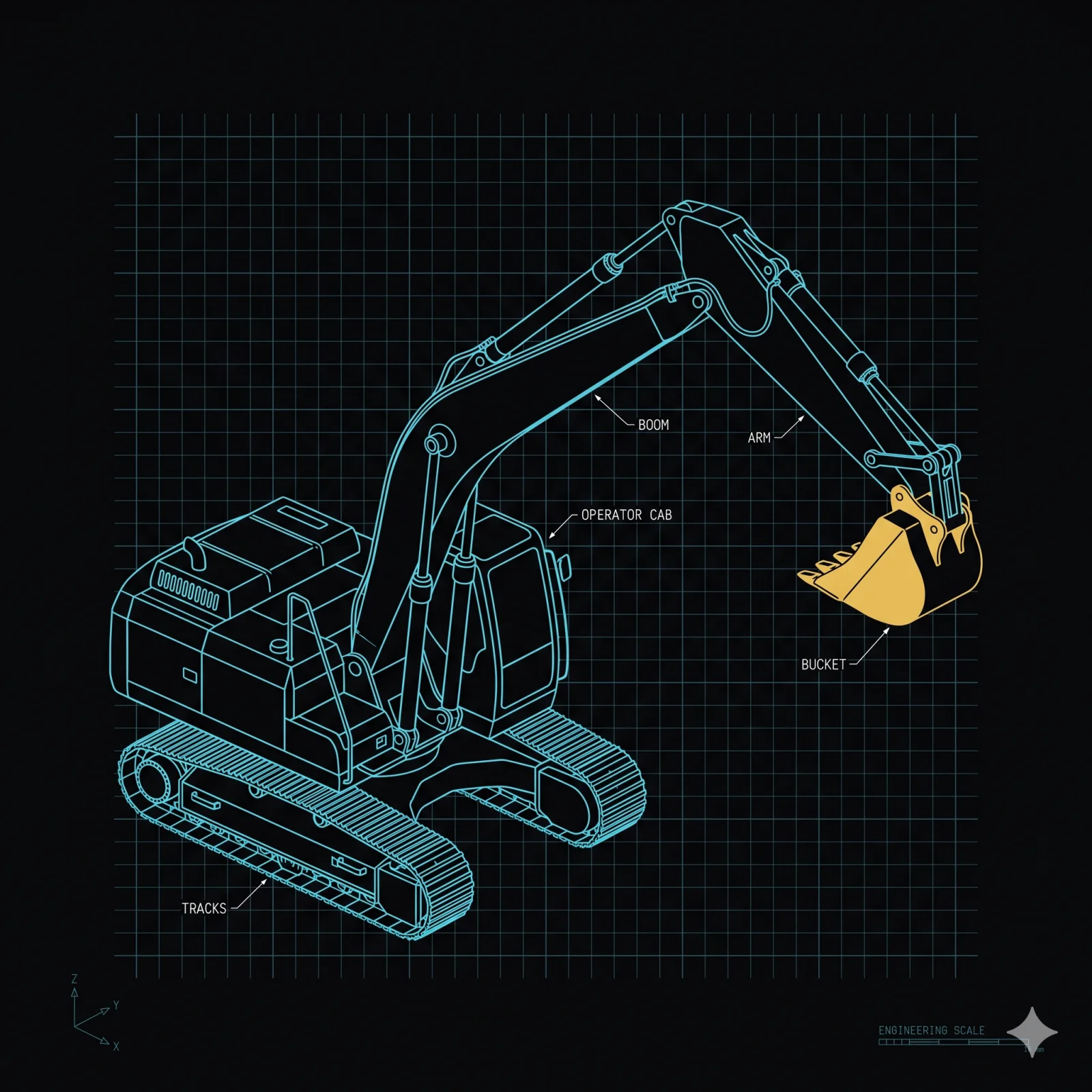 Tracked excavator with amber-highlighted bucket and on-board MOS4 unit