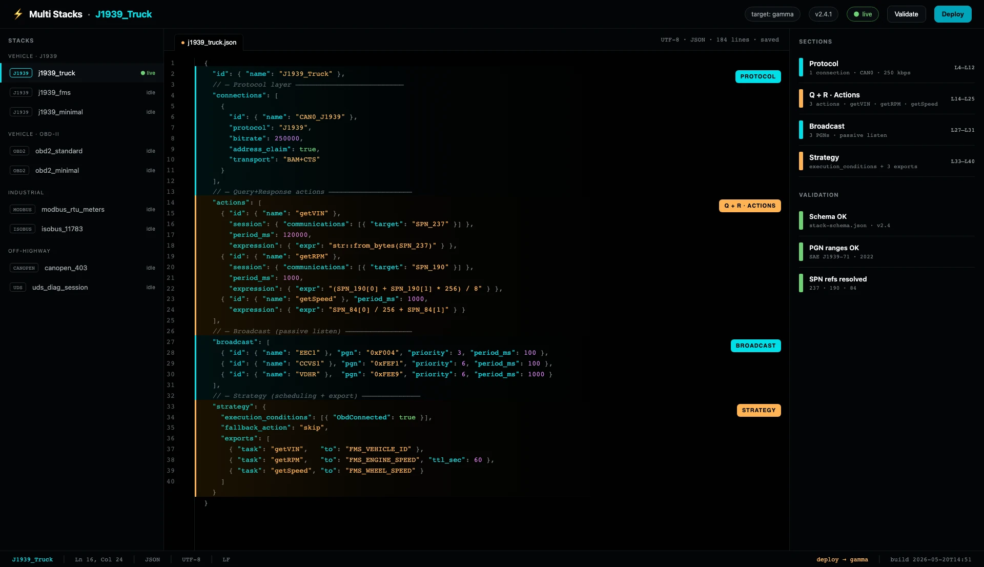 Multi Stacks JSON editor — J1939_Truck stack with Protocol, Q+R Actions, Broadcast, and Strategy sections highlighted